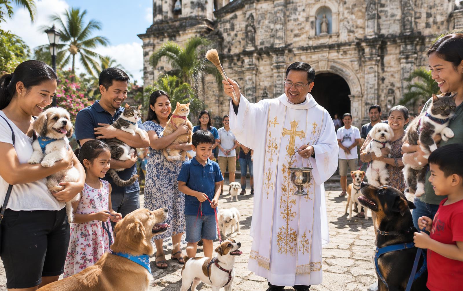 Families bringing dogs and cats to a Blessing of Animals outside a stone church
