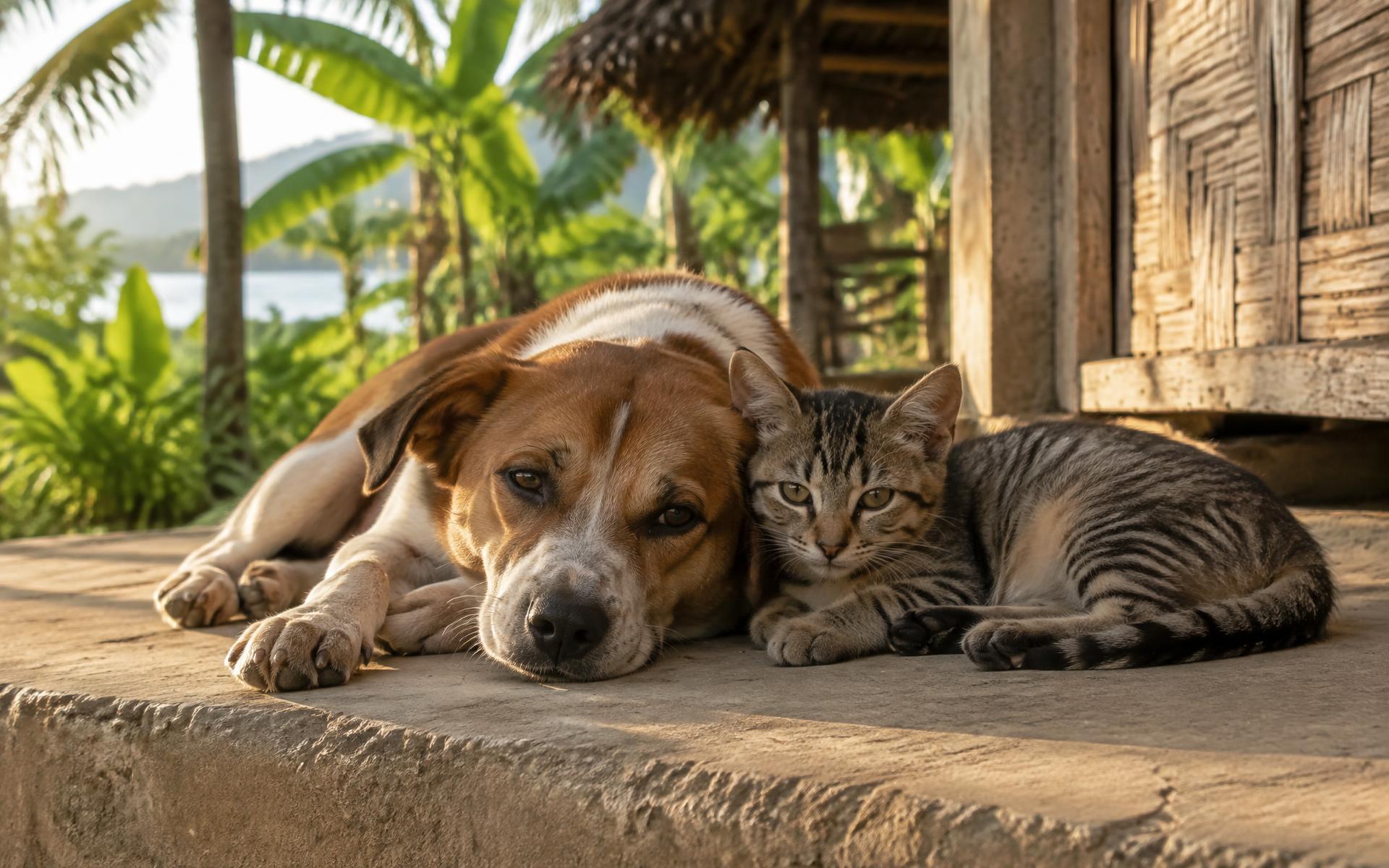 A rescued street dog and a tabby cat resting side by side in warm late-afternoon light