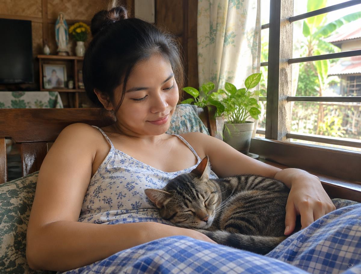 A woman resting by a window with her tabby cat asleep on her lap