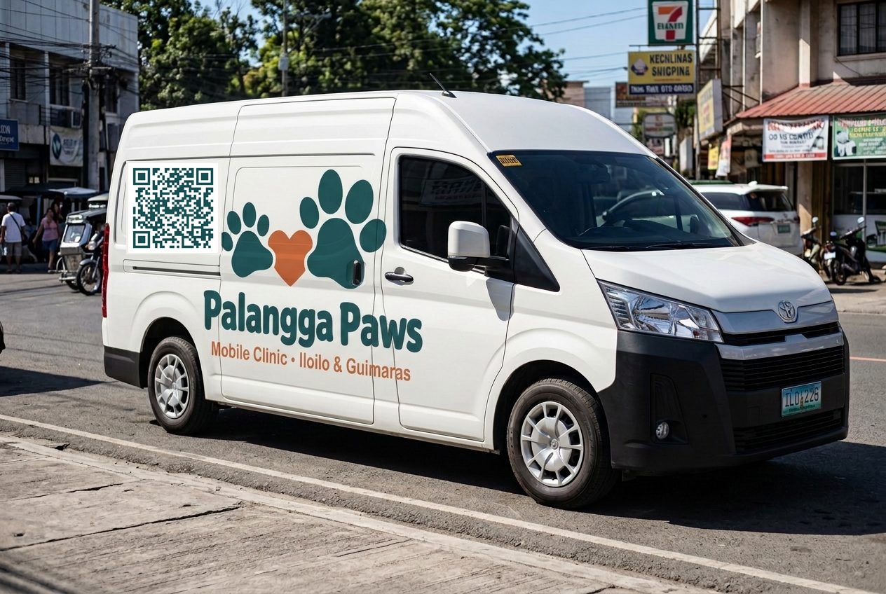 A made-up picture of the planned Palangga Paws clinic van, with the logo and a QR code on the side panel